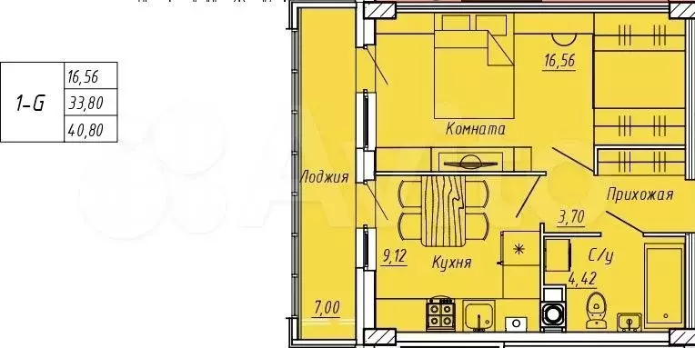 1-к. квартира, 40,8 м, 1/9 эт. - Фото 0