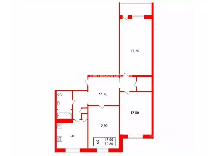 3-к кв. Ленинградская область, Всеволожск Ленинградская ул., 9/8 (72.8 ... - Фото 2