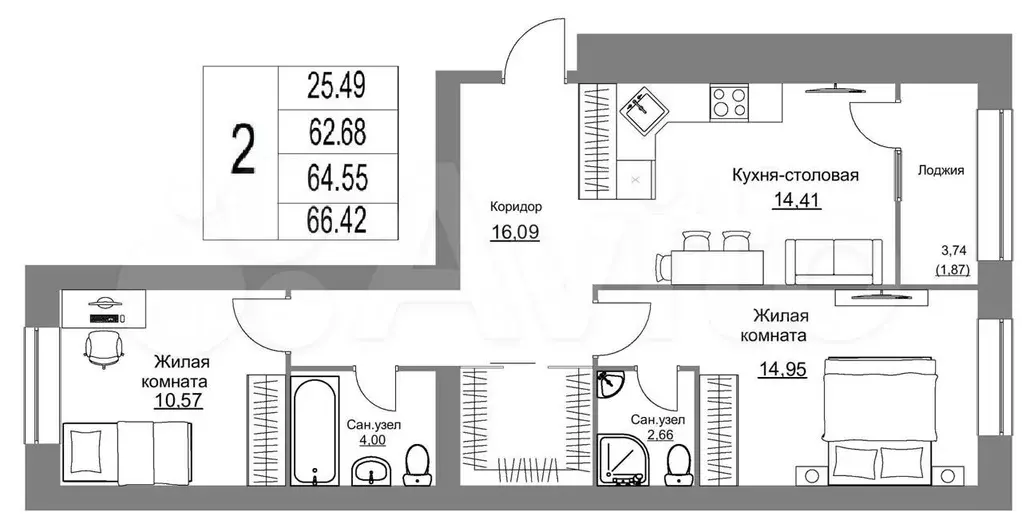 2-к. квартира, 66,4 м, 5/8 эт. - Фото 0