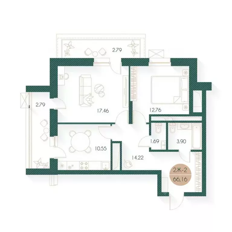 2-к кв. Татарстан, Казань Родины мкр, Наследие жилой комплекс (66.16 ... - Фото 1