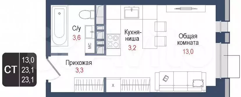 Квартира-студия, 23,1м, 6/8эт. - Фото 0