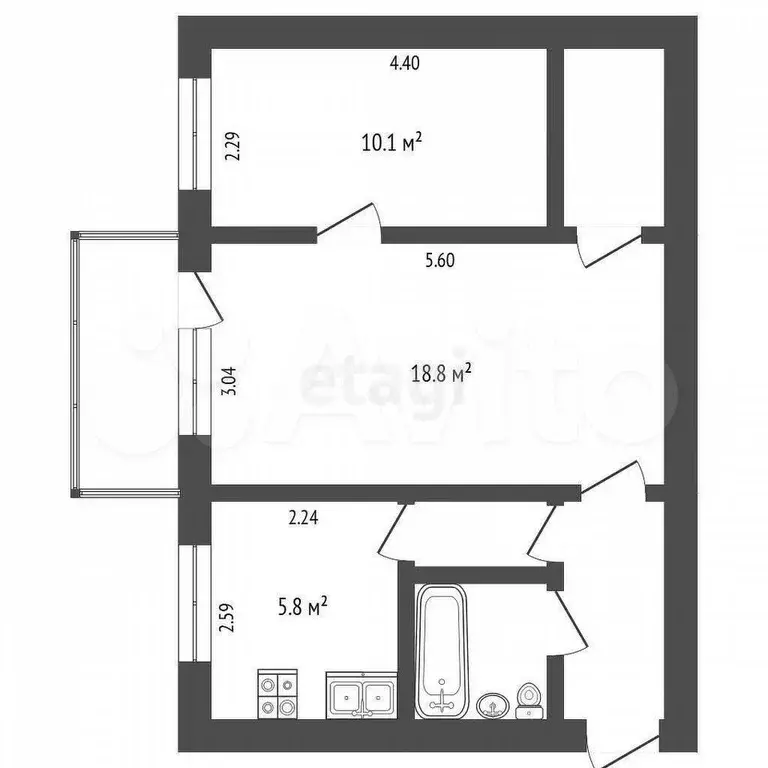 2-к. квартира, 44,4 м, 1/5 эт. - Фото 0