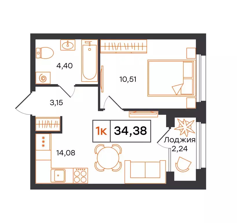 1-комнатная квартира: Тюмень, Полевая улица, 117к13 (34.38 м) - Фото 1
