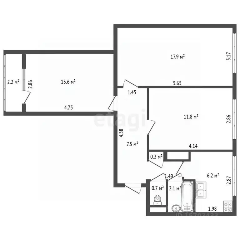 3-к кв. Санкт-Петербург Наличная ул., 45К1 (62.0 м) - Фото 2