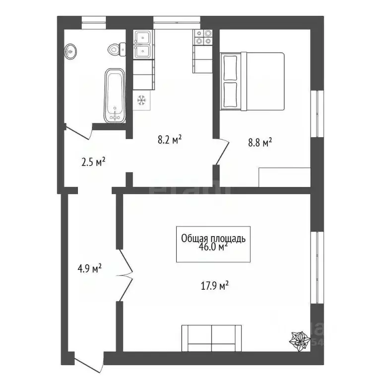 2-к кв. Новосибирская область, Новосибирск Садовая ул., 34 (46.0 м) - Фото 1