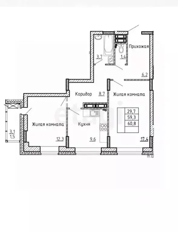 2-к кв. Липецкая область, Липецк Московская ул., 159к2 (61.0 м) - Фото 2