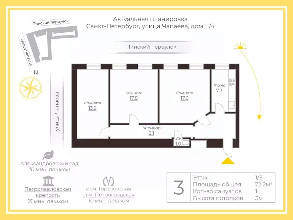 3-к кв. Санкт-Петербург ул. Чапаева, 11/4 (72.2 м) - Фото 2