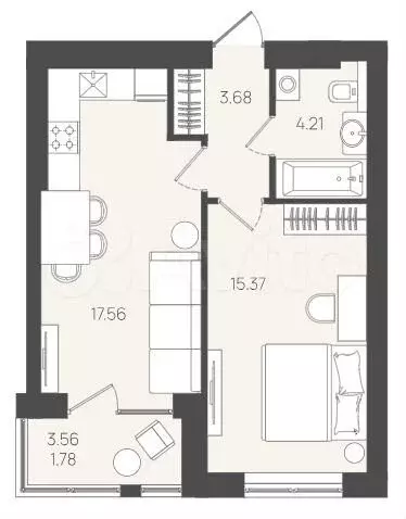 1-к. квартира, 42,6 м, 5/5 эт. - Фото 1