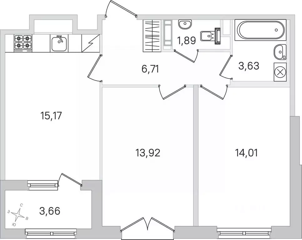 Квартира, 2 комнаты, 55.33 м - Фото 1