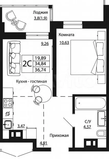 2-к. квартира, 36,7м, 3/24эт. - Фото 0