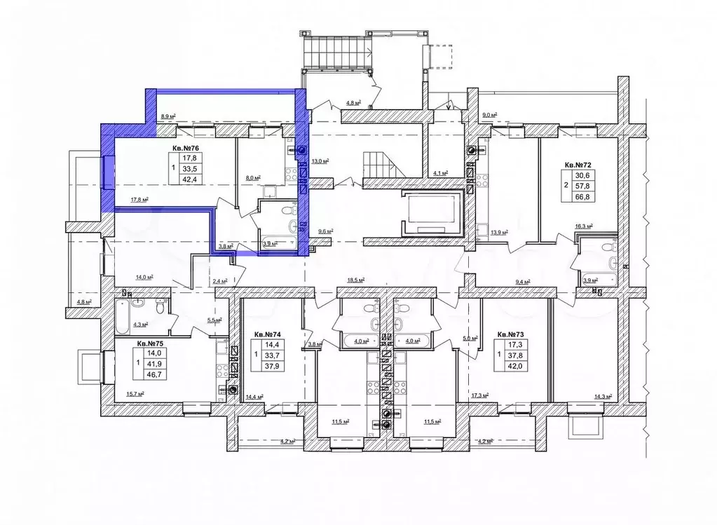 1-к. квартира, 42,4 м, 1/9 эт. - Фото 1