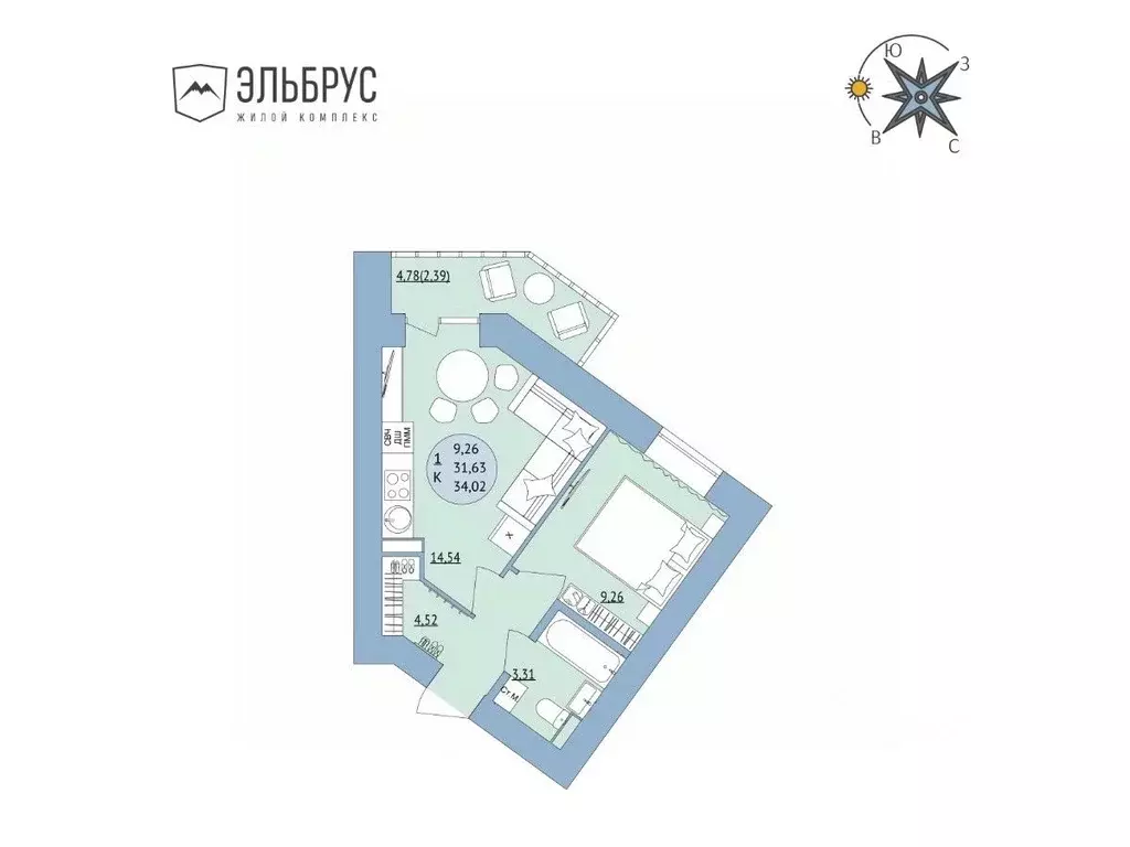 1-к кв. Башкортостан, Уфа Кавказская ул., 24 (34.02 м) - Фото 1