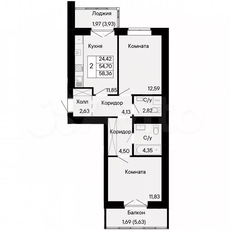 2-к. квартира, 58,4 м, 1/8 эт. - Фото 0