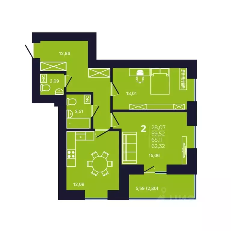 2-к кв. Башкортостан, Уфа ул. Михаила Зайцева, 8 (62.2 м) - Фото 1