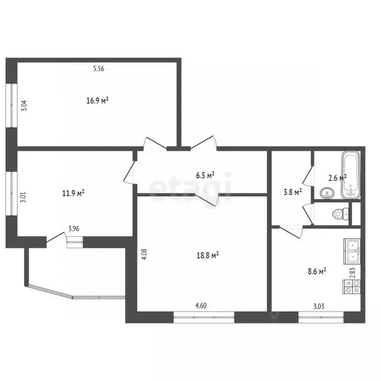 3-к кв. Челябинская область, Челябинск ул. Трашутина, 35 (71.0 м) - Фото 2