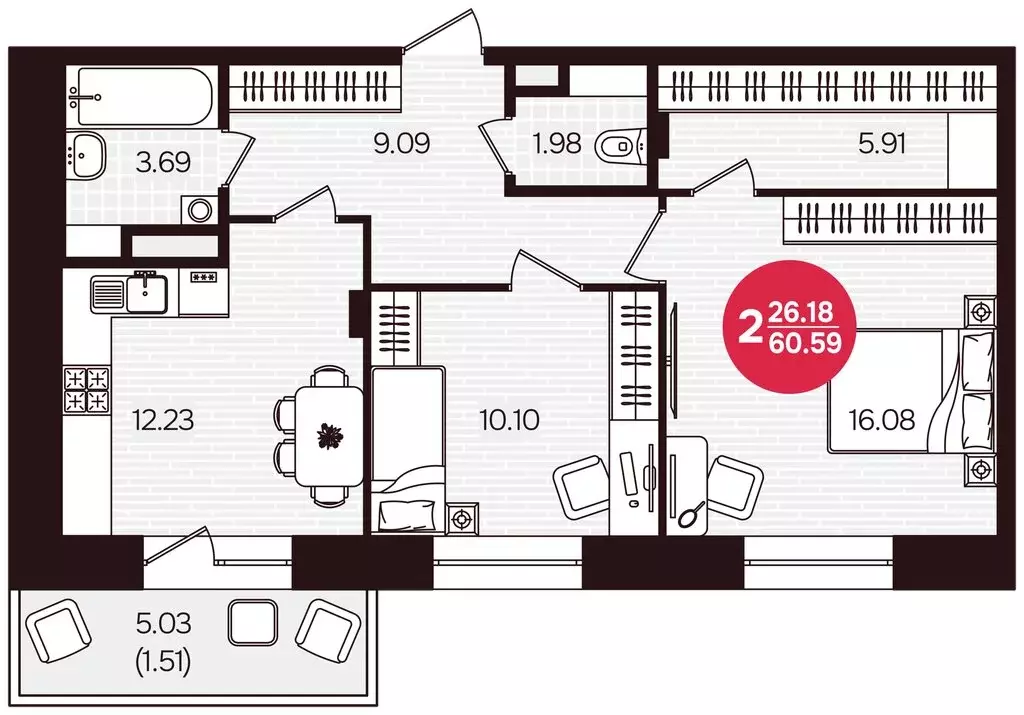 2-комнатная квартира: Чебоксары, Фруктовая улица, поз1 (60.59 м) - Фото 2