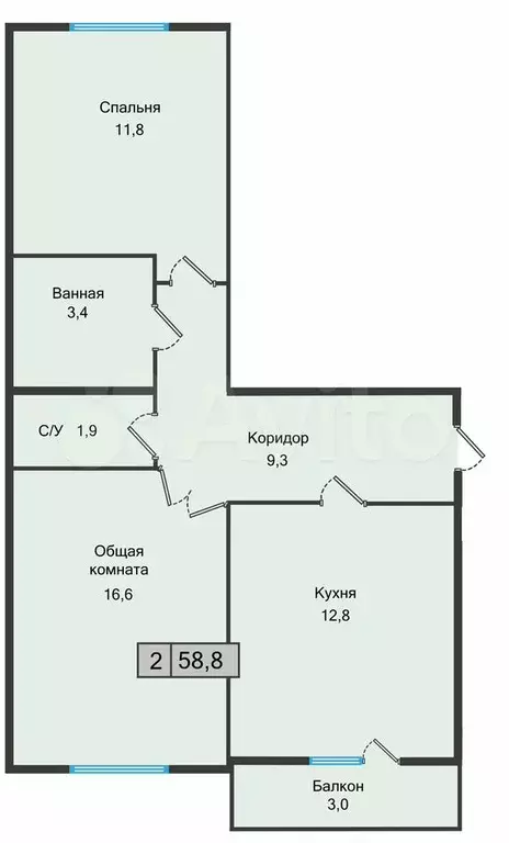 2-к. квартира, 58,8 м, 1/5 эт. - Фото 1