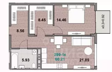 1-к кв. Калининградская область, Зеленоградск  (60.21 м) - Фото 1