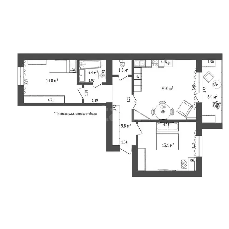 2-комнатная квартира: Тюмень, Мельничная улица, 83 (61.1 м) - Фото 1