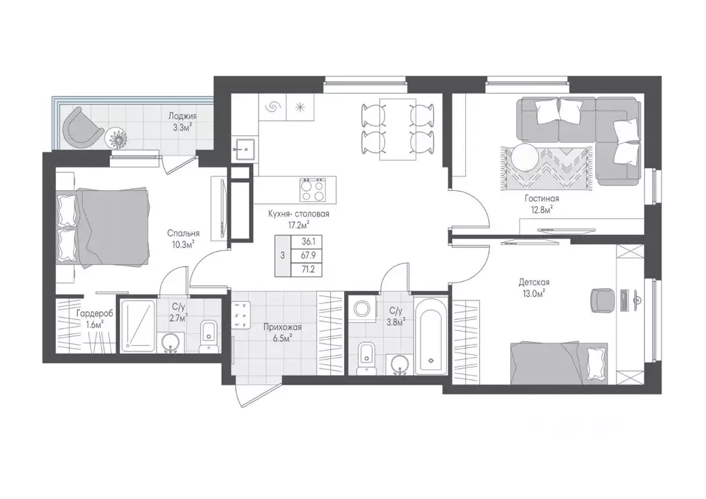 3-к кв. Тверская область, Тверь Лесная Мелодия-3 жилой комплекс (69.55 ... - Фото 1