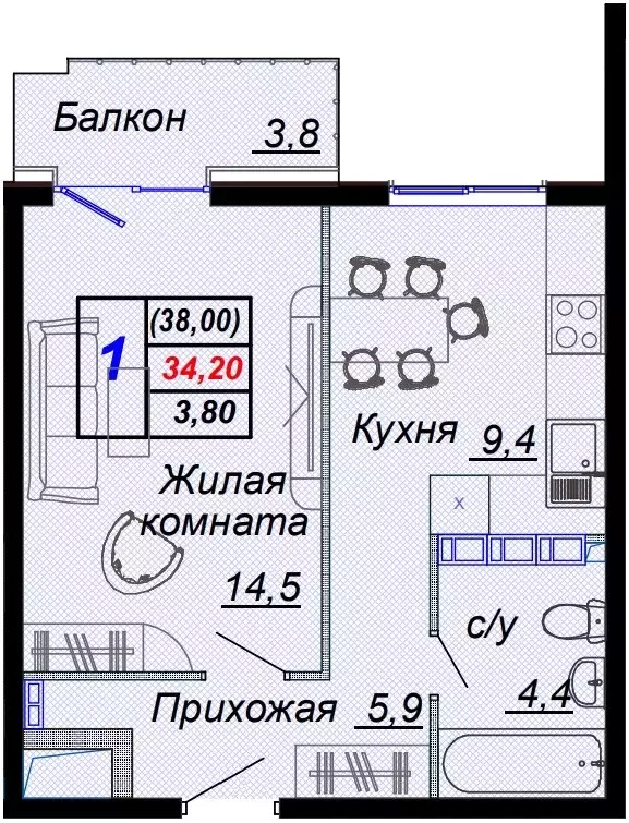 1-к квартира, 38 м - Фото 0