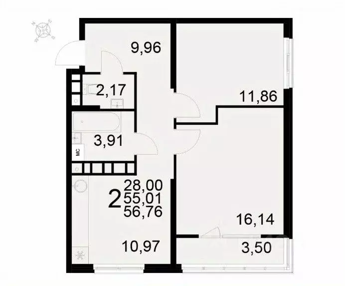 2-к кв. Рязанская область, Рязань ул. Бирюзова (56.76 м) - Фото 1