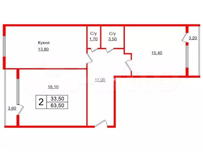 2-к. квартира, 63,5 м, 17/17 эт. - Фото 0