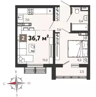 Квартира, 2 комнаты, 36.7 м - Фото 1