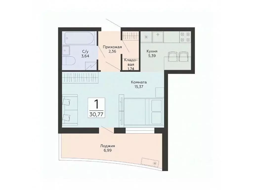 Студия Воронежская область, Воронеж ул. Туполева, 5Н (30.77 м) - Фото 0