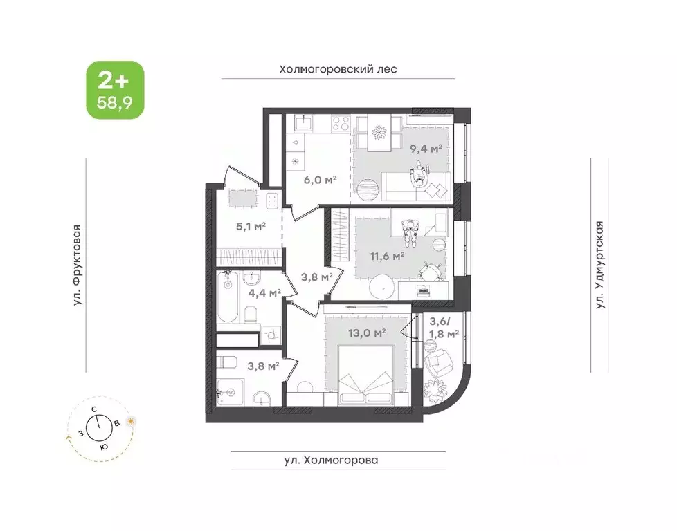 2-к кв. удмуртия, ижевск ул. холмогорова, 109 (58.9 м) - Фото 0