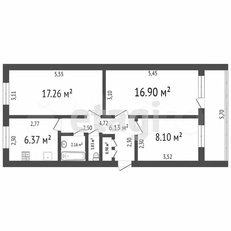 3-к. квартира, 60,9 м, 8/9 эт. - Фото 0