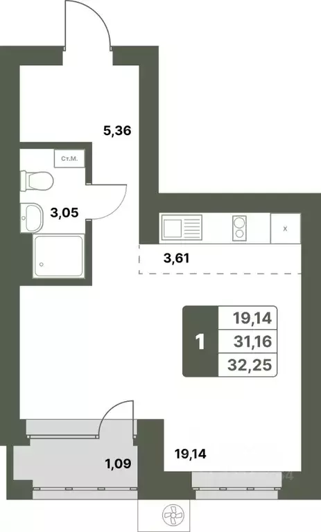 1-к кв. Башкортостан, Уфимский район, с. Миловка  (32.25 м) - Фото 1