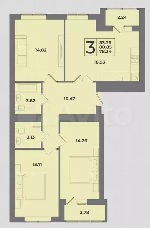 3-к. квартира, 84 м, 6/9 эт. - Фото 1