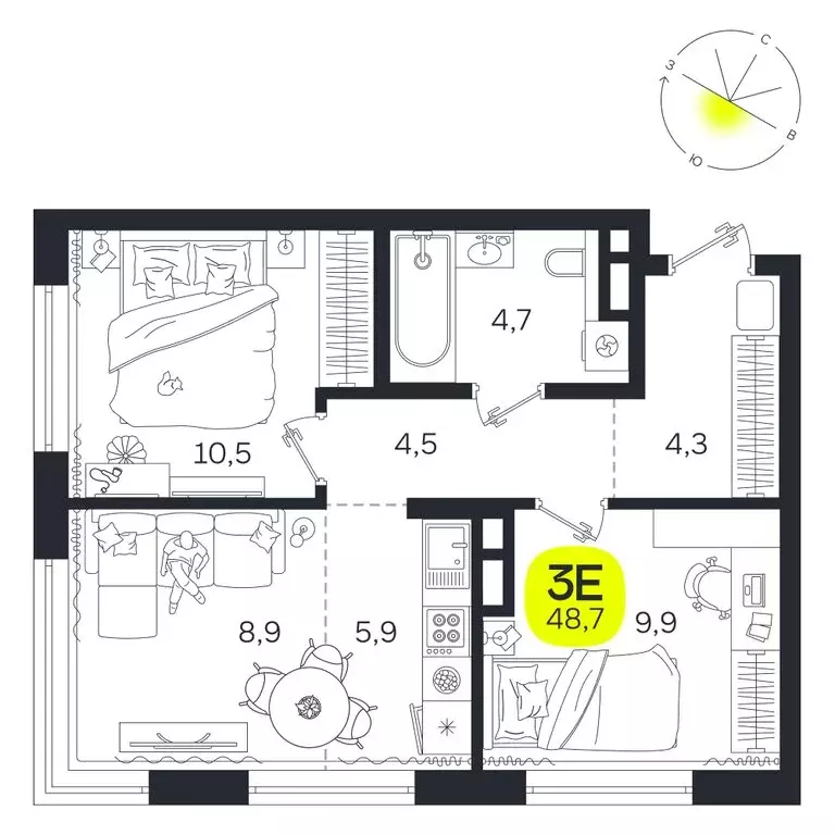 3-комнатная квартира: Екатеринбург, улица Титова, 19Б (48.7 м) - Фото 0