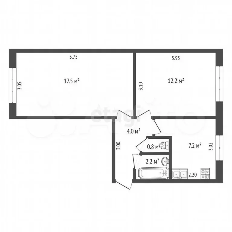 2-к. квартира, 43,9 м, 1/5 эт. - Фото 0