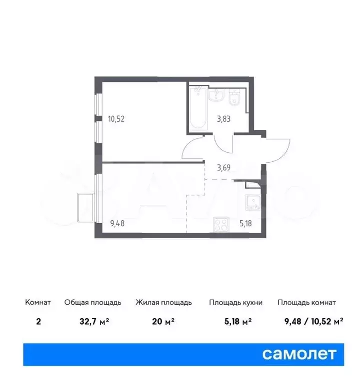 1-к. квартира, 32,7м, 13/14эт. - Фото 0