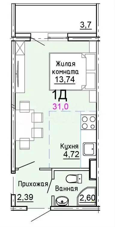 Квартира-студия, 31 м, 7/17 эт. - Фото 0