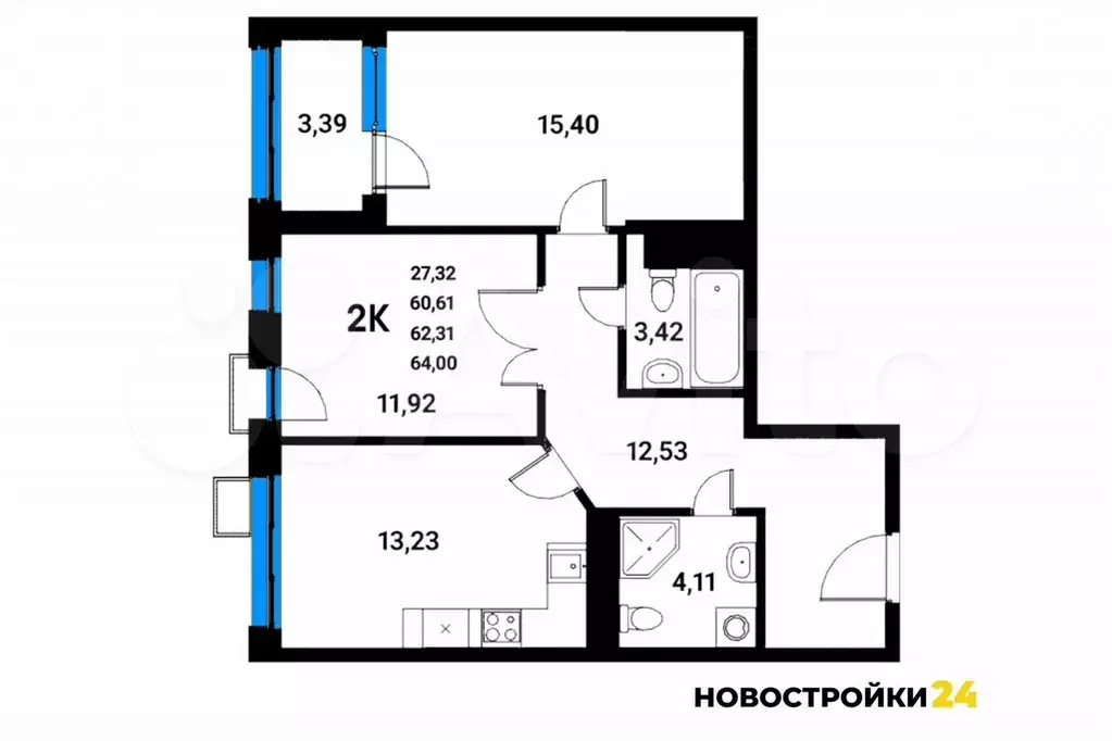 2-к. квартира, 61,8 м, 7/21 эт. - Фото 1