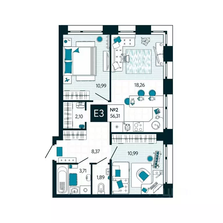 2-к кв. Тульская область, Тула ул. Чмутова, 158Д (56.31 м) - Фото 1