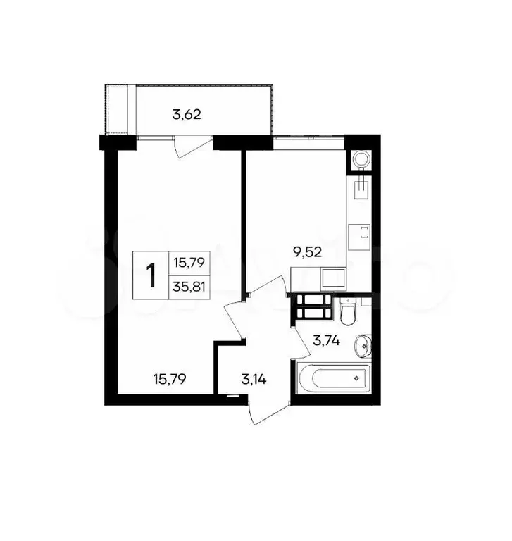 1-к. квартира, 35,8 м, 5/9 эт. - Фото 1