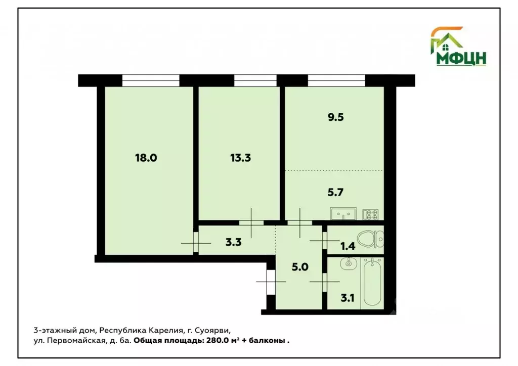 3-к кв. Карелия, Суоярви Первомайская ул., 6А (59.3 м) - Фото 1