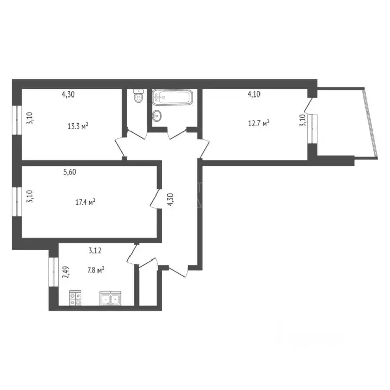 3-к кв. Тюменская область, Тюмень ул. Пермякова, 21 (67.0 м) - Фото 2