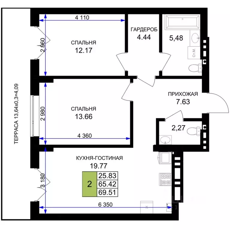 2-к кв. Калининградская область, Гурьевск Включи жилой комплекс (69.51 ... - Фото 1