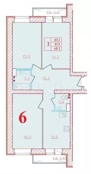 3-к. квартира, 83,3м, 6/9эт. - Фото 0