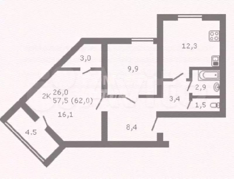 2-к. квартира, 57,8 м, 2/9 эт. - Фото 0