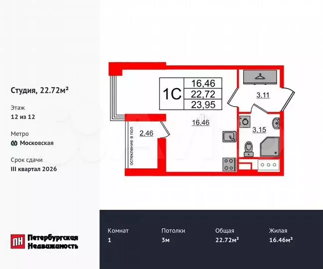 Квартира-студия, 22,7м, 12/12эт. - Фото 0