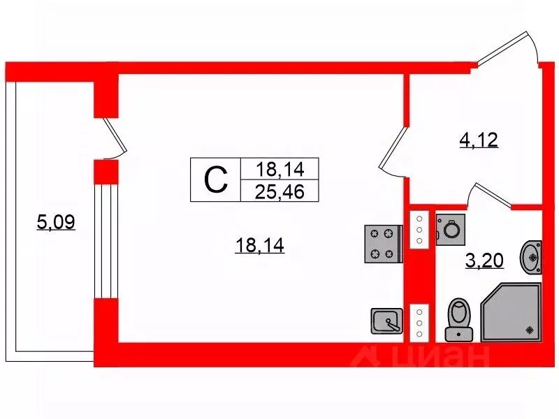 Студия Санкт-Петербург просп. Буденного, 15 (25.46 м) - Фото 2