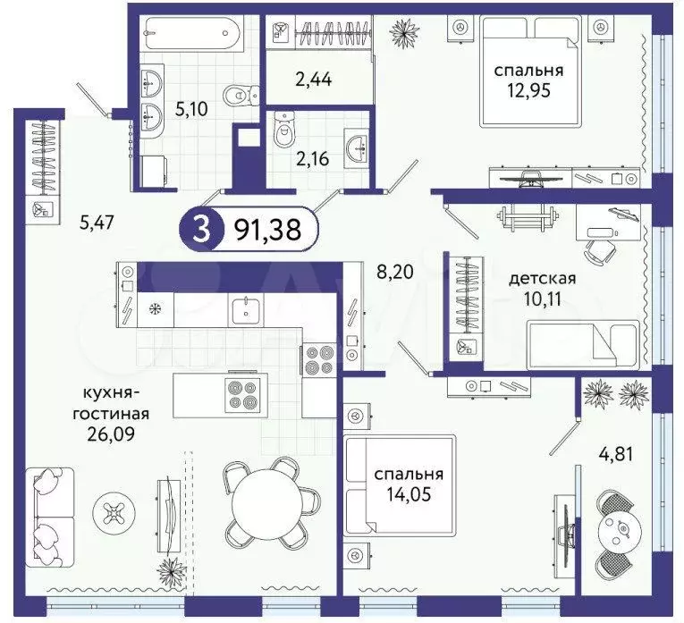 3-к. квартира, 91,4 м, 11/14 эт. - Фото 1