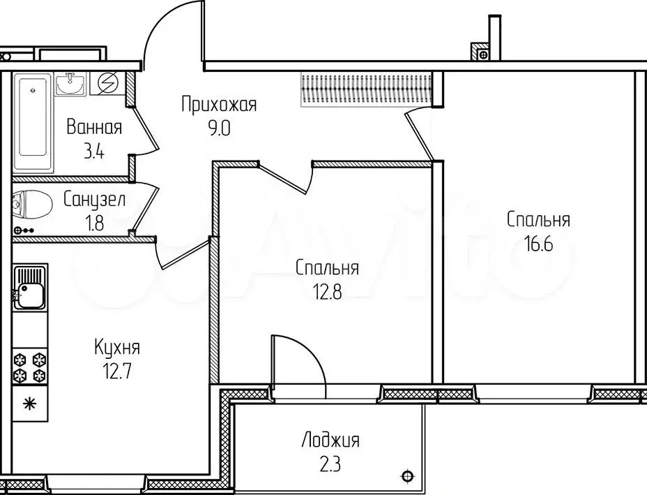 2-к. квартира, 58,6 м, 1/4 эт. - Фото 0