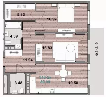 2-к кв. Калининградская область, Зеленоградск  (80.99 м) - Фото 1